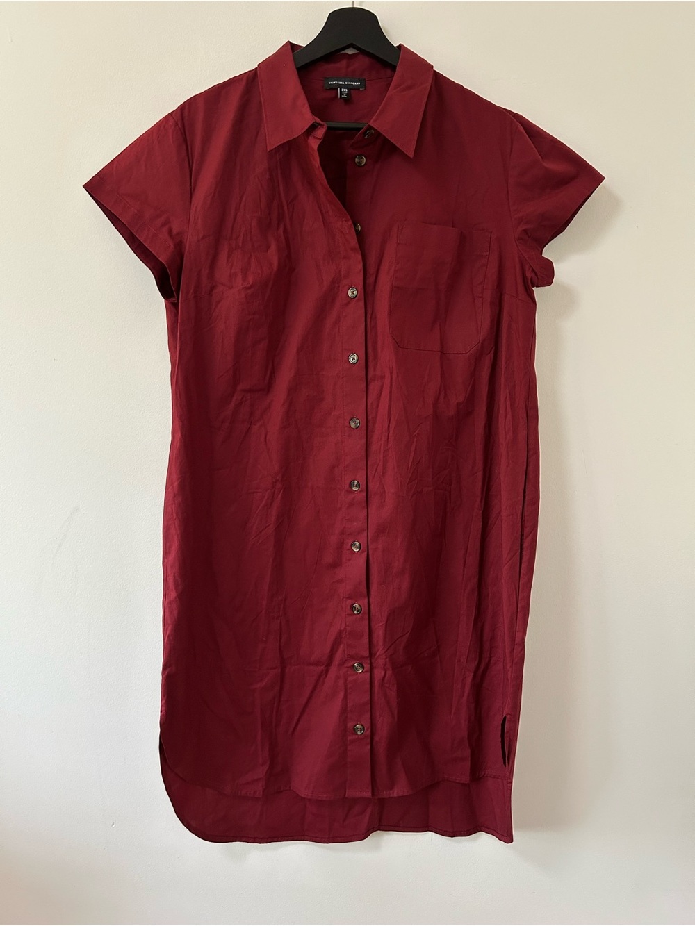 Universal Standard Button-Front Shirt Dress in Wine Red Poplin Stretch Pocket